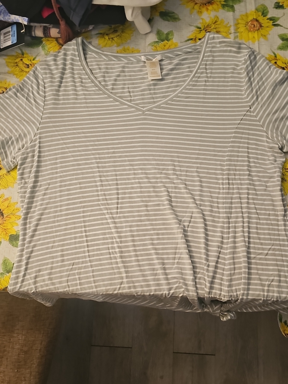 Matty M Gray & White Striped V-Neck Short Sleeve Top with Front Tie